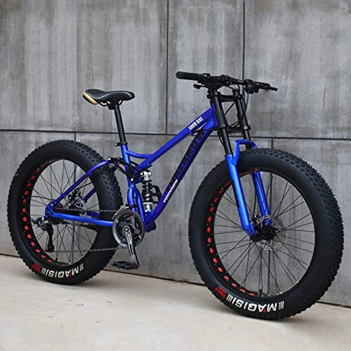 Fat Tyre Mountain Bike : QMMD 24-Inch / 26-Inch Mountain Bikes, Adult Dual-Suspension Mountain Bike, 7-21-24-27-Speed High-carbon Steel Mountain Trail Bike, Dual Disc Brake Mountain Bicycle, 24 inches blue, 7 speed