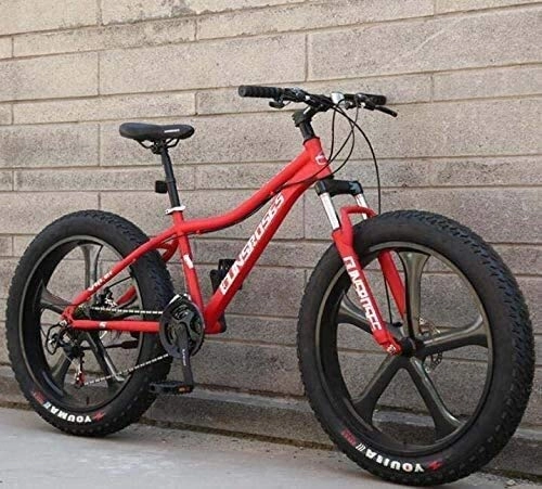 Fat Tyre Mountain Bike : QZ 26 Inch Hardtail Mountain Bike for Adults, High Carbon Steel Frame, Full Suspension Spring Fork, Double Disc Brake (Color : Red, Size : 21 speed)
