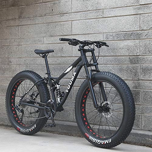 Fat Tyre Mountain Bike : RNNTK Mountain Bike, Adult Boy Girl Fat Bike Mountain Off-road Vehicles, Double Disc Brake Bicycle, High Carbon Steel Frame, Anti-slip Bike Black -24 Speed -26 Inches