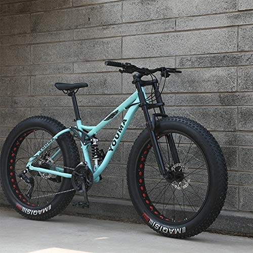 Fat Tyre Mountain Bike : RNNTK Mountain Bike, Adult Boy Girl Fat Bike Mountain Off-road Vehicles, Double Disc Brake Bicycle, High Carbon Steel Frame, Anti-slip Bike Green -21 Speed -26 Inches