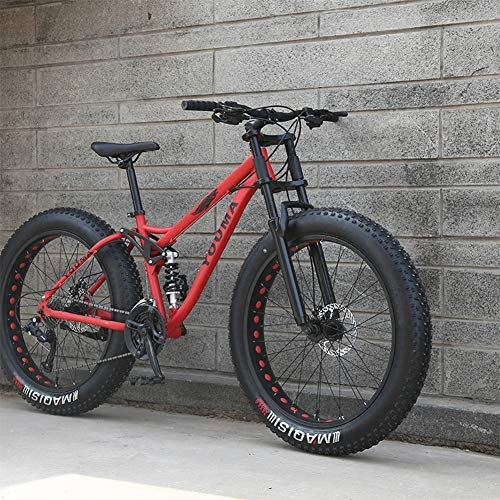 Fat Tyre Mountain Bike : RNNTK Mountain Bike, Adult Boy Girl Fat Bike Mountain Off-road Vehicles, Double Disc Brake Bicycle, High Carbon Steel Frame, Anti-slip Bike Red -21 Speed -26 Inches