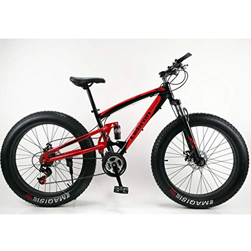 Fat Tyre Mountain Bike : Soft Tail Wide Tire Double Shock Absorption Before And After Downhill Mountain Cross Country Snow Mountain Bike Beach, blackred, 24 * 4.0