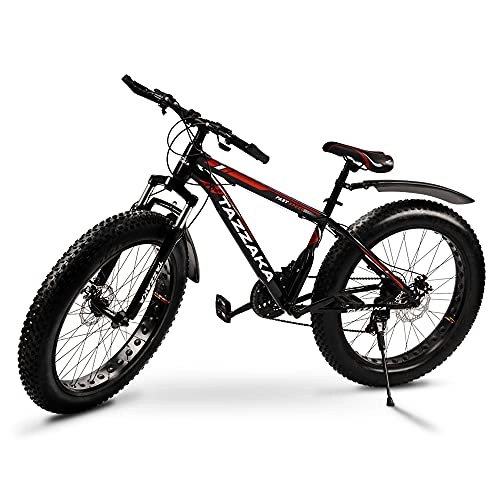 Fat Tyre Mountain Bike : Tazzaka 26 * 4.0 Inch Thick Wheel Mountain Bikes, Adult Fat Tire Mountain Trail Bike, 21 Speed Bicycle, High-carbon Steel Frame, Dual Full Suspension Dual Disc Brake Bicycle, Red [UK Stock