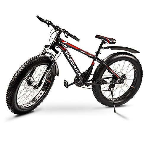 Fat Tyre Mountain Bike : Tazzaka 26 * 4.0 Inch Thick Wheel Mountain Snow Beach Bikes, Adult Fat Tire Mountain Trail Bike, 21 Speed Bicycle, Steel Frame, Front Suspension Brake Bicycle Red [UK Stock