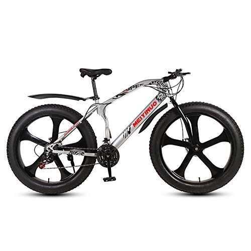 Fat Tyre Mountain Bike : TriGold Double Disc Brake Anti Slip Bicycle 5 Spoke Wheels, Snow Bike 26 Inch Speed, Outroad Fat Tire Mountain Bike Men-Silver 21 Speed