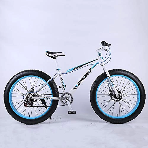 Fat Tyre Mountain Bike : VANYA Disc Brake Mountain Bike 26 Inches 7 Speeds Suspension Off-Road Snowmobile 4.0 Wide Tire Beach Bicycle, whiteblue