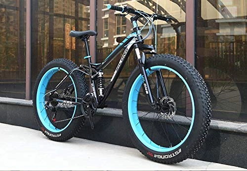 Fat Tyre Mountain Bike : W&HH SHOP Dual-Suspension Mountain Bikes with Dual Disc Brake, All Terrain Anti-Slip Fat Tire Mountain Bicycle MTB, High-carbon Steel Mountain Trail Bike, Blue, 24 Inch 21 Speed