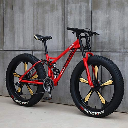 Fat Tyre Mountain Bike : WANG-L Mountain Bike, 26 Inch Fat Mountain Bike, High Carbon Steel Frame Bike, Full Suspension Bike, Red-26inch / 7speed