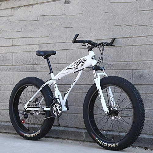 Fat Tyre Mountain Bike : WJH 26 Inch Adult Mountain Bikes, Dual Disc Brake Fat Tire Mountain Trail Bike Frame Fat Tire Suspension Mountain Bicycle, High-carbon Steel Frame, White, 27speed 24 inches