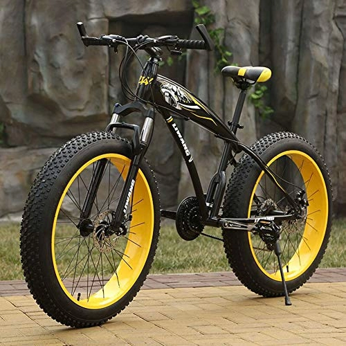 Fat Tyre Mountain Bike : WJH 26 Inch Adult Mountain Bikes, Dual Disc Brake Fat Tire Mountain Trail Bike Frame Fat Tire Suspension Mountain Bicycle, High-carbon Steel Frame, Yellow, 27speed 24 inches