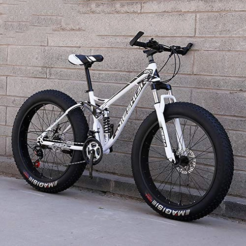 Fat Tyre Mountain Bike : WJH 26 Inch Fat Tire Adult Mountain Bike, Double Disc Brake / High-Carbon Steel Frame Cruiser Bikes, Beach Snowmobile Bicycle Double shock, White, 21speed 24 inches