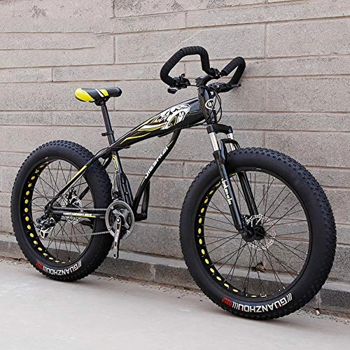 Fat Tyre Mountain Bike : WJH Fat Tire Adult Mountain Bike, Double Disc Brake / High-Carbon Steel Frame Cruiser Bikes, Yellow, 24speed 24 inches