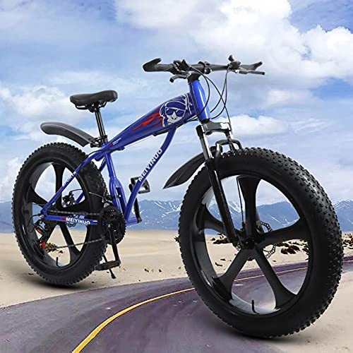 Fat Tyre Mountain Bike : WLWLEO Fat Tire Mountain Bike 26 Inch Wheels, 4-Inch Wide Tires, 21 / 24 / 27 Speed, Front and Rear Brakes, Carbon Steel Frame, Suspension Fork, Snow Anti-Slip Bicycle, Blue, 27 speed