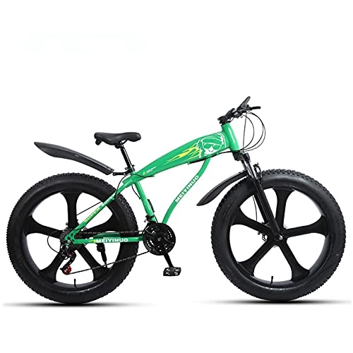 Fat Tyre Mountain Bike : WLWLEO Fat Tire Mountain Bike 26 Inch Wheels, 4-Inch Wide Tires, 21 / 24 / 27 Speed, Front and Rear Brakes, Carbon Steel Frame, Suspension Fork, Snow Anti-Slip Bicycle, Green, 24 speed