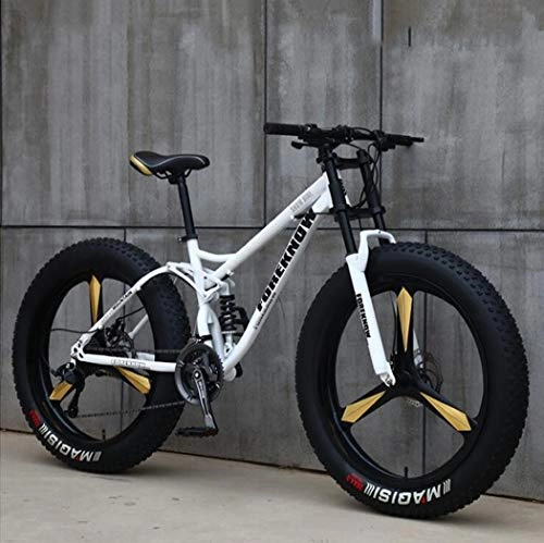 Fat Tyre Mountain Bike : WLWLEO Mountain Bike Bicycle for Adults Men and Women Full Suspension Mountain Bikes, High Carbon Steel Frame, Double Disc Brake, Fat Tire Dirt Bike, White, 26" 30 speed