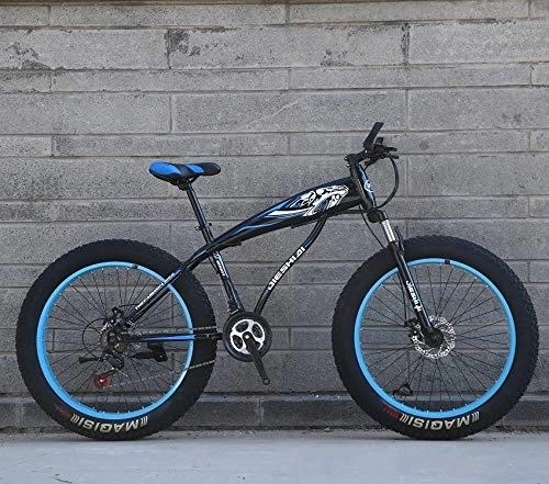 Fat Tyre Mountain Bike : XMB Blue Adult 26 inch off-road bicycles, Dual disc brake men and women mountain bikes with full suspension, fat tires high carbon steel suspension youth men and women mountain bikes (27-speed)