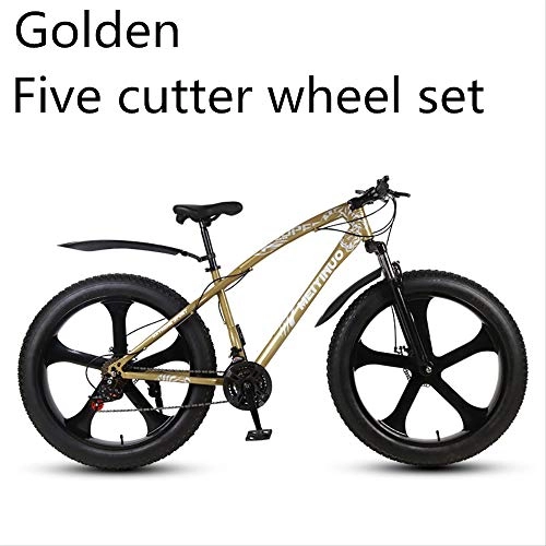 Fat Tyre Mountain Bike : xmb Golden five-cutter wheel set Adult off-road bicycles, men and women mountain bikes with full suspension, fat tires high carbon steel suspension youth men and women mountain bikes (27-speed)