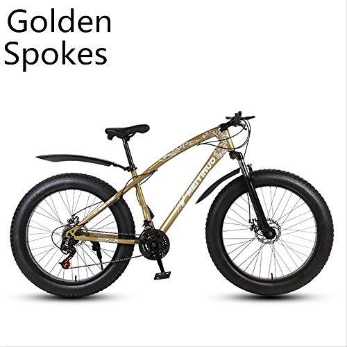 Fat Tyre Mountain Bike : xmb Golden spokes Adult off-road bicycles, men and women mountain bikes with full suspension, fat tires high carbon steel suspension youth men and women mountain bikes (21-speed)
