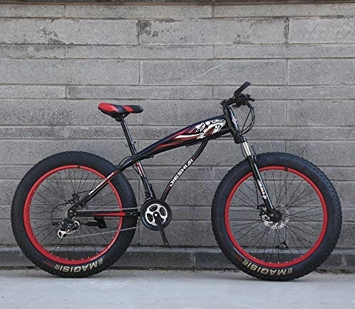 Fat Tyre Mountain Bike : XMB Red 26 inch off-road bicycles, Adult Dual disc brake men and women mountain bikes with full suspension, fat tires high carbon steel suspension youth men and women mountain bikes (24-speed)