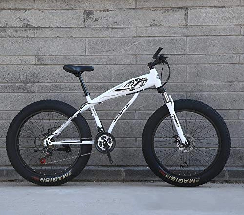 Fat Tyre Mountain Bike : XMB White 26 inch off-road bicycles, Adult Dual disc brake men and women mountain bikes with full suspension, fat tires high carbon steel suspension youth men and women mountain bikes (21-speed)