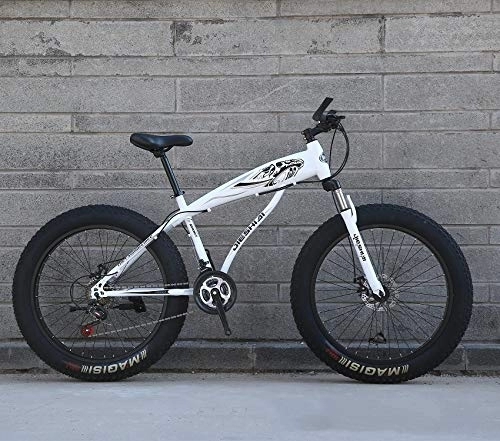 Fat Tyre Mountain Bike : XMB White 26 inch off-road bicycles, Adult Dual disc brake men and women mountain bikes with full suspension, fat tires high carbon steel suspension youth men and women mountain bikes (24-speed)