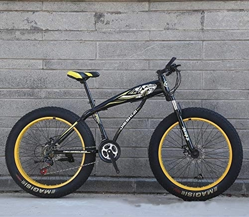 Fat Tyre Mountain Bike : XMB Yellow 26 inch off-road bicycles, Adult Dual disc brake men and women mountain bikes with full suspension, fat tires high carbon steel suspension youth men and women mountain bikes (21-speed)