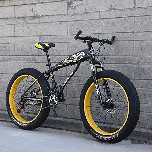 Fat Tyre Mountain Bike : XMB Yellow Adult 26 inch off-road bicycles, Dual disc brake men and women mountain bikes with full suspension, fat tires high carbon steel suspension youth men and women mountain bikes (21-speed)