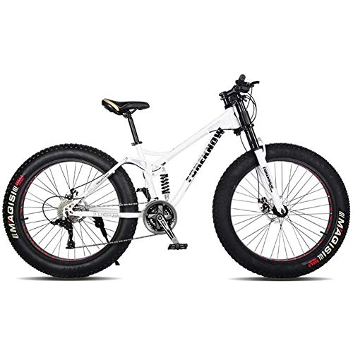 Fat Tyre Mountain Bike : XRQ Fat Tire Mens Mountain Bike, Carbon 24" 26" Mountain Bike Full Suspension Trail Bike 24-Speed Dual Disc Brakes MTB Bike High-Tensile Steel Frame, White, 24IN