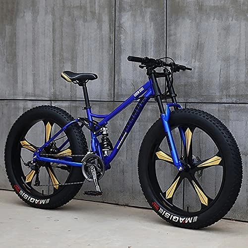 Fat Tyre Mountain Bike : YUEGOO Mountain Bikes, Adult Fat Tire Mountain Trail Bike, Speed Bicycle, High-Carbon Steel Hardtail Mountain Bike, Mountain Bicycle with Front Suspension Adjustable / Blue(C) / 26Inch 27Speed