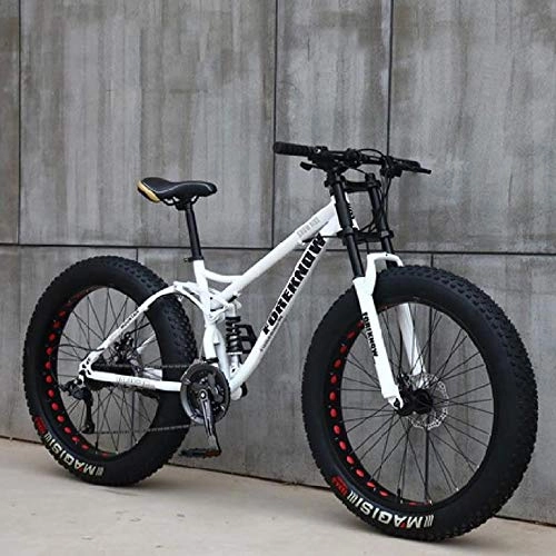 Fat Tyre Mountain Bike : YWHCLH Adult Mountain Bikes, 24 / 26 Inch Fat Tire Hardtail Mountain Bike, Dual Suspension Frame and Suspension Fork All Terrain Mountain Bike (24inch 21-speeded, White)
