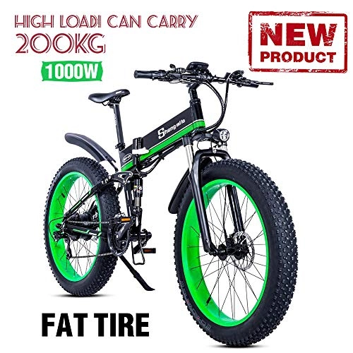 Folding Electric Mountain Bike : 1000W Electric Bicycle Genuine 4.0 Fat Tire Electric Bike 48V Mens Mountain Bike Snow Ebike 26inch Bicycle With Safety Certificate Black+Green
