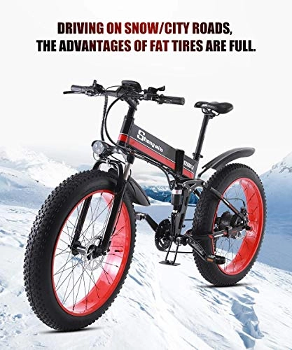Folding Electric Mountain Bike : 1000W Electric Bike 48V Mens Mountain Adult E-Bike Lithium Battery Aluminum Alloy E-Bicycle 21 Speed 26In Fat Tire Road Bicycle Snow Bikes with Hydraulic Disc Brakes And Full Suspension Fork