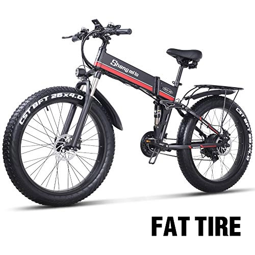 Folding Electric Mountain Bike : 1000W Fat Electric Bike 48V Mens Mountain E bike 21 Speeds 26 inch Fat Tire Road Bicycle Snow Bike Pedals with Hydraulic Disc Brakes and Full Suspension Fork (Removable Lithium Battery)