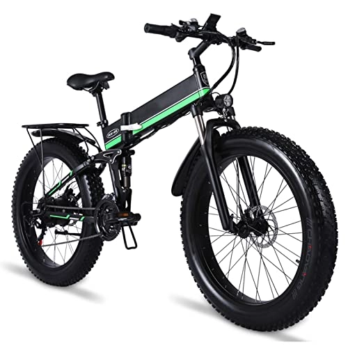Folding Electric Mountain Bike : 1000w Foldable Electric Bike 28 Mph Electric Bicycle 26 Inch Fat Tire with Lcd Display 48v Removable Lithium Battery E Bikes for Adults (Color : Green, Speeds : 21)