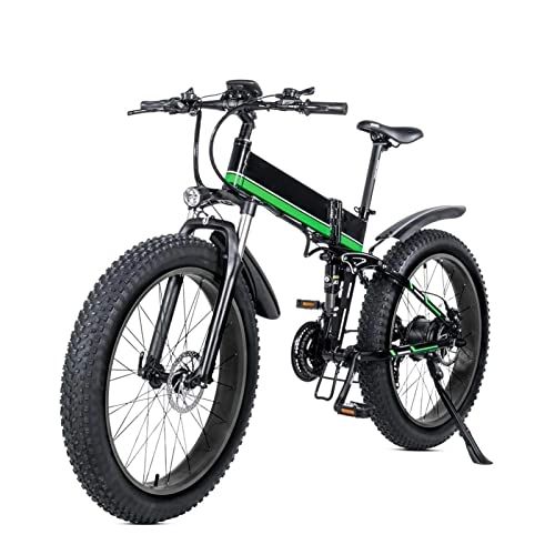Folding Electric Mountain Bike : 1000W Foldable Electric Bike for Adults 24MPH, 26 Inch Mountain Fat Tire Electric Bicycle 48V 12.8Ah 21 Speed Folding E-Bike (Color : Green)
