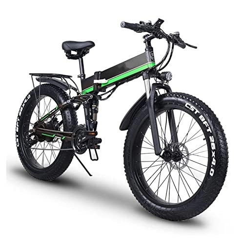 Folding Electric Mountain Bike : 1000W Foldaway Ebike 26" Fat Tire Electric Bicycle 48V 12.8AH Lithium Battery 21 Speed Beach-Bike Commute Ebike for Adults Female Male (Color : Green)