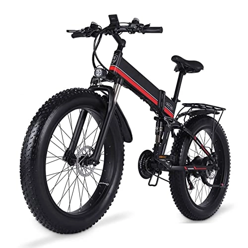 Folding Electric Mountain Bike : 1000W Folding Electric Bike for Adults 26" Fat Tire Mountain Beach Snow Bicycles 21 Speed Gear E-Bike with Detachable Lithium Battery 48V 12.8AH Up to 24.8MPH (Color : Red, Size : 1000W)