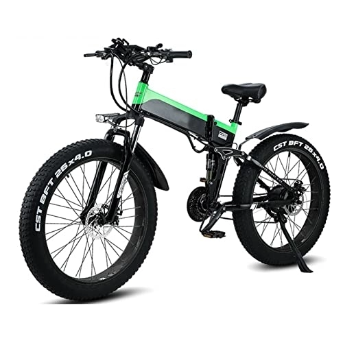 Folding Electric Mountain Bike : 20” Fat Tire Folding Ebike 1000W, with 48V12.8AH Lithium Battery Electric Bike 21 Speed Gear Mountain Foldable Electric Bicycle for Adults (Color : Green)