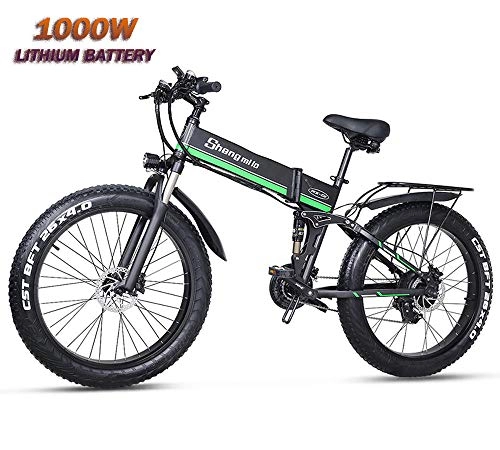 Folding Electric Mountain Bike : 21 Speed Fat Tire Electric Bicycle Snow Bike 26 Inch Motorcycle E Bike 1000w 48v Electric Folding Bike Mountain Adult Bicycle Brake Type Front And Rear Disc Brakes Black+Green