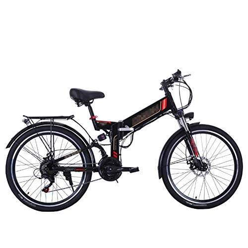 Folding Electric Mountain Bike : 26'' Adult Electric Bicycle, Foldable Electric Mountain Bike with Saddle bag and Helmet 48V 8Ah Removable Lithium Battery for Outdoor Cycling and Commuting, 300W