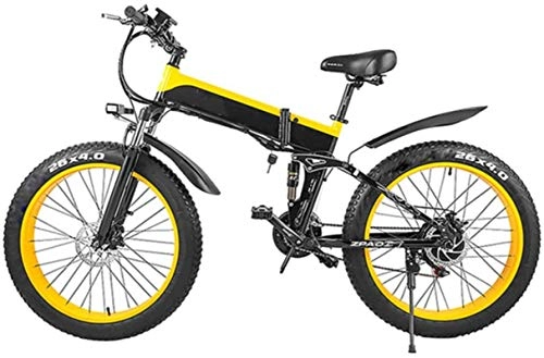 Folding Electric Mountain Bike : 26" Electric Bicycle 1000W Electric Mountain Bike Foldable Snow Ebike Commuter Bike with Removable 48V 10.4Ah Battery, for Mens Women Adults - Yellow