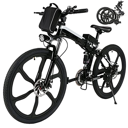 Folding Electric Mountain Bike : 26" Electric Bike for Adult Electric Mountain Bike E-Bike, Powerful Motor Electric Bicycle with Removable 8AH Lithium-Ion Battery Professional 21 Speed Gears (Black-white)
