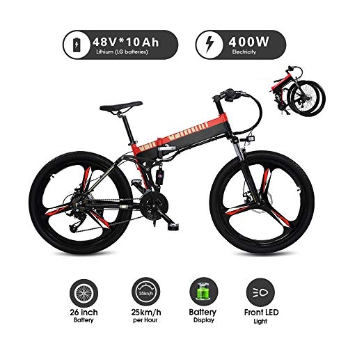 Folding Electric Mountain Bike : 26" Electric Mountain Bike for Adults, Folding Professional Electric Bicycle With Removable 400W 48V Removable Lithium-Ion Battery 27 Speeds Bicycle for Men Women