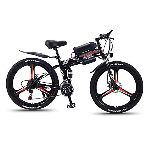Folding Electric Mountain Bike : 26'' Electric Mountain Bike with Removable Large Capacity Lithium-Ion Battery (36V 350W), Electric Bike 21 Speed Gear and Three Working Modes, B black red