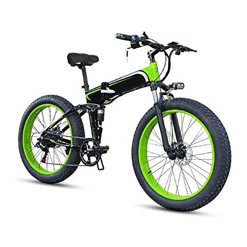 Folding Electric Mountain Bike : 26" Foldable Electric Bikes for Adult, 4 Inch Fat Tire E-Bike 7 Speeds Beach Cruiser Sports Mountain Bikes Full Suspension, 350W 48V 10.4Ah Removable Lithium-Ion Battery Mountain Ebike for Mens, Green