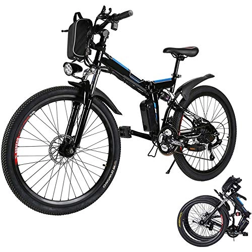 Folding Electric Mountain Bike : 26'' Folding Electric Mountain Bike 250W Electric Bicycle with Removable Large Capacity Lithium-Ion Battery, Professional 21 Speed Gears (Black)