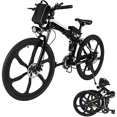 Folding Electric Mountain Bike : 26'' Folding Electric Mountain Bike 250W Electric Bicycle with Removable Large Capacity Lithium-Ion Battery, Professional 21 Speed Gears (Black White)