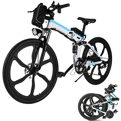 Folding Electric Mountain Bike : 26'' Folding Electric Mountain Bike 250W Electric Bicycle with Removable Large Capacity Lithium-Ion Battery, Professional 21 Speed Gears (Blue White)
