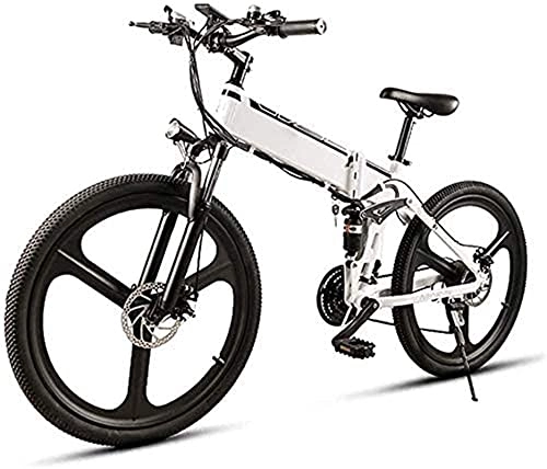 Folding Electric Mountain Bike : 26-inch 21-Speed Electric Snow Bike 350W Folding Mountain Electric Bike with 48V10AH Removable Lithium-ion Battery, Aluminum Alloy Double Suspension Bike, Maximum Speed 35Km / H (Color : White)