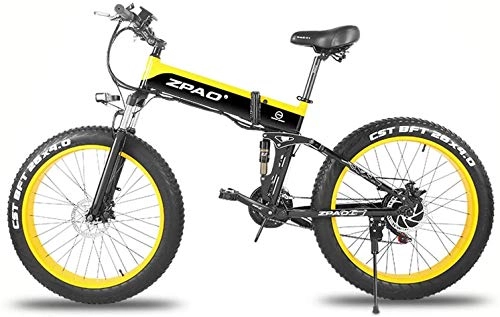 Folding Electric Mountain Bike : 26 Inch 48V 500W Folding Mountain Bike, 4.0 Fat Tire Electric bike, Handlebar Adjustable, LCD Display with USB Plug (Color : Black Yellow, Size : 12.8Ah1SpareBattery) plm46 (Color : Black Yellow)